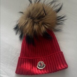 Moncler Kids Red Beanie with Faux Fur Pom-Pom